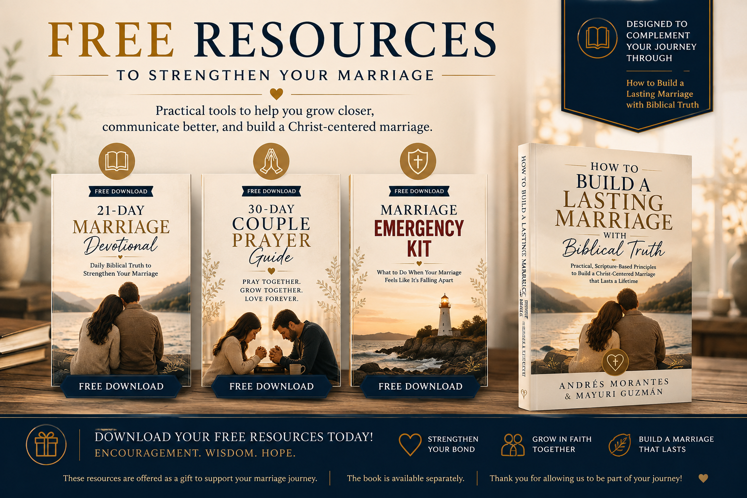 Free marriage resources: 21-Day Marriage Devotional, 30-Day Couple Prayer Guide, and Marriage Emergency Kit
