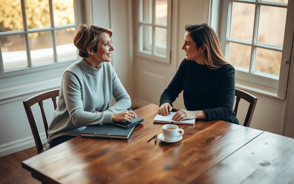 Two people in a mentoring conversation across a wooden table
